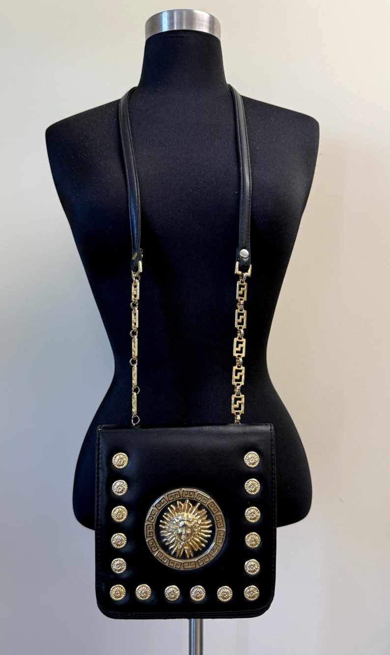 Vintage 1980s Cooper J Black Gold Medusa Sun Greek Key Crossbody Purse